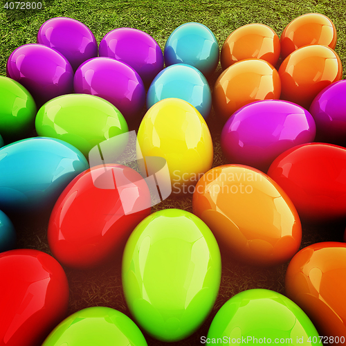 Image of Colored Easter eggs as a flower on a green grass. 3D illustratio