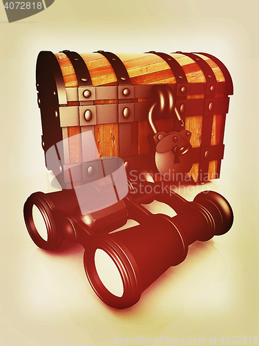 Image of binoculars and chest. 3D illustration. Vintage style.