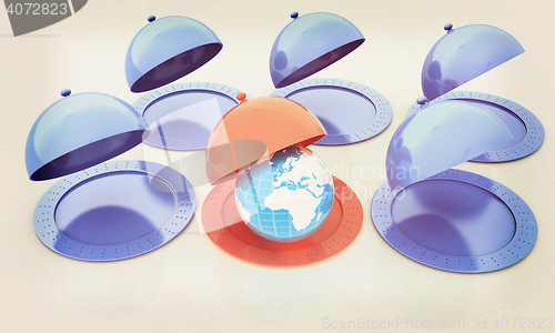 Image of Serving dome or Cloche and Earth. 3D illustration. Vintage style