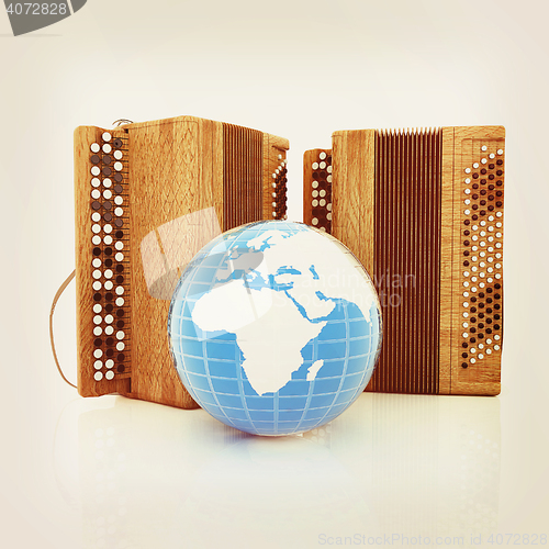 Image of Musical instruments - retro bayans and Earth. 3D illustration. V