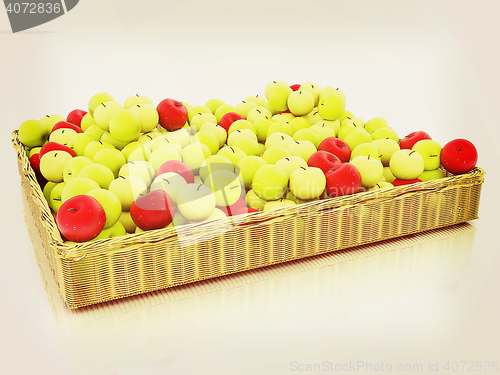 Image of Wicker basket full of apples isolated on white. 3D illustration.