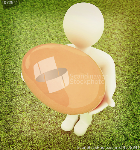 Image of 3d small person holds the big Easter egg in a hand. 3d image. On