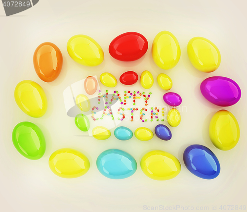 Image of Easter eggs as a \"Happy Easter\" greeting on white background. 3D