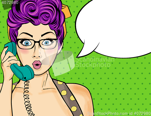 Image of Pop art  woman chatting on retro phone . Comic woman with speech