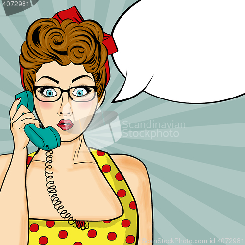 Image of Pop art  woman chatting on retro phone . Comic woman with speech