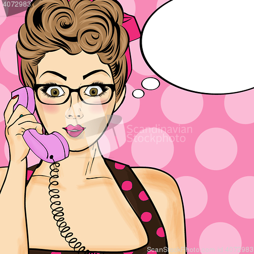 Image of Pop art  woman chatting on retro phone . Comic woman with speech