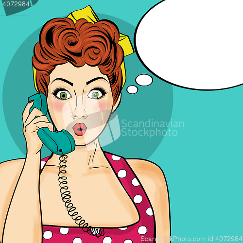 Image of Pop art  woman chatting on retro phone . Comic woman with speech