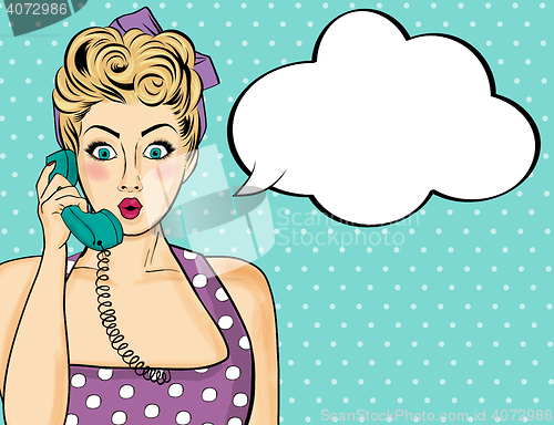 Image of Pop art  woman chatting on retro phone . Comic woman with speech