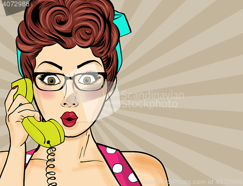 Image of Pop art  woman chatting on retro phone . Comic woman with speech