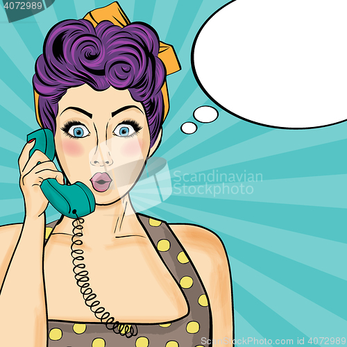 Image of Pop art  woman chatting on retro phone . Comic woman with speech