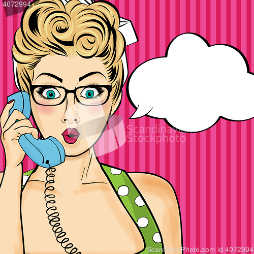 Image of Pop art  woman chatting on retro phone . Comic woman with speech