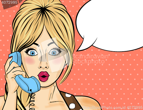 Image of Pop art  woman chating on retro phone . Comic woman with speech 