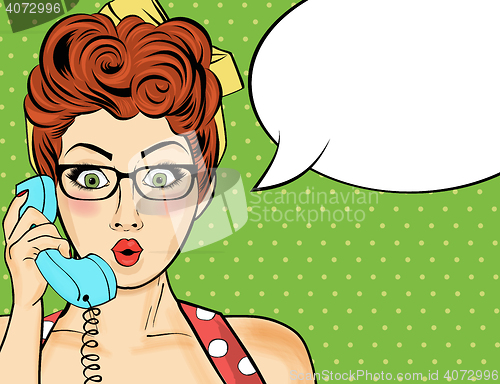 Image of Pop art  woman chatting on retro phone . Comic woman with speech