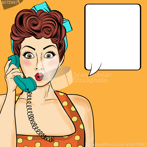 Image of Pop art  woman chatting on retro phone . Comic woman with speech