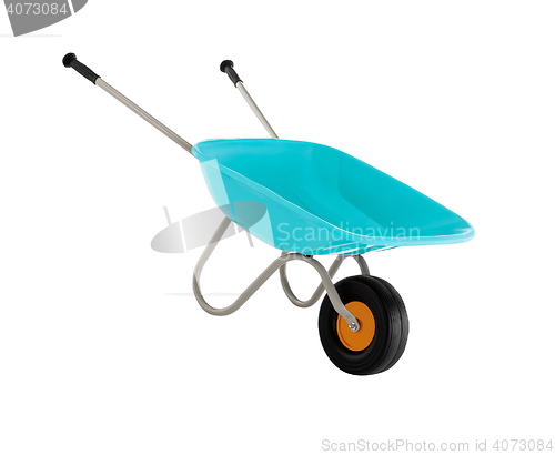 Image of wheel barrow, empty concrete trolley 