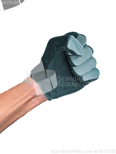 Image of hand in a leather glove making shooting gesturing