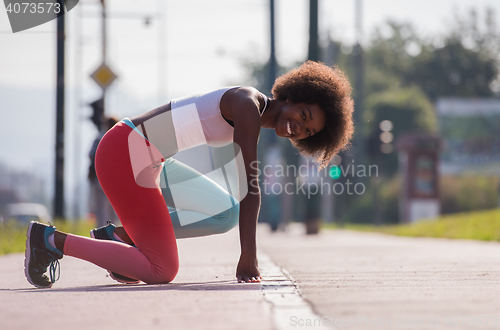 Image of Portrait of sporty young african american woman stretching outdo