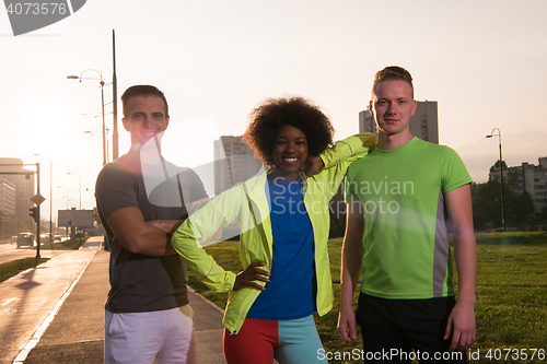 Image of portrait multiethnic group of people on the jogging