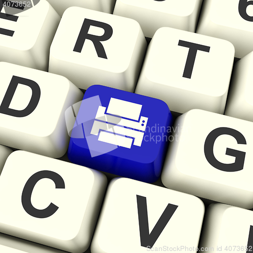Image of Print Computer Key In Blue Showing Access To A Hard Copy