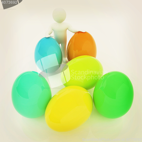 Image of 3d small person holds the big Easter egg in a hand. 3d image.. 3