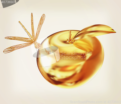 Image of Dragonfly on gold apple. 3D illustration. Vintage style.