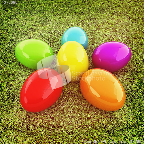 Image of Colored Easter eggs as a flower on a green grass. 3D illustratio