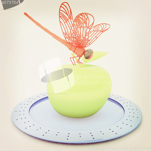 Image of Dragonfly on apple on Serving dome or Cloche. Natural eating con