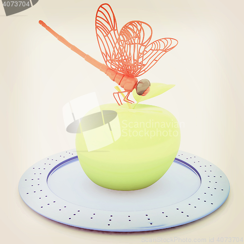 Image of Dragonfly on apple on Serving dome or Cloche. Natural eating con