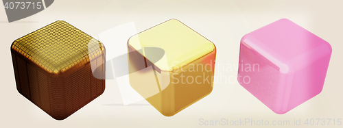 Image of set of all metal cubes of gold, black gold, pink plastic. 3D ill