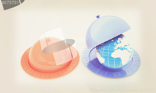 Image of Serving dome or Cloche and Earth. 3D illustration. Vintage style