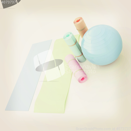 Image of karemat and fitness ball. 3D illustration. 3D illustration. Vint