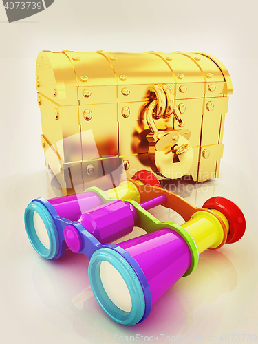 Image of binoculars and chest. 3D illustration. Vintage style.