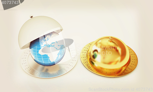 Image of Serving dome or Cloche and Earth. 3D illustration. Vintage style