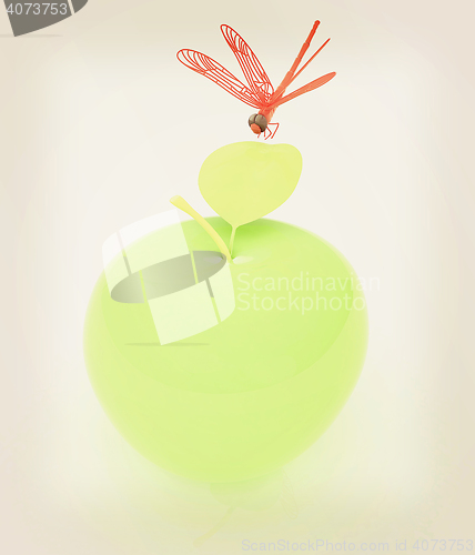 Image of Dragonfly on apple. 3D illustration. Vintage style.