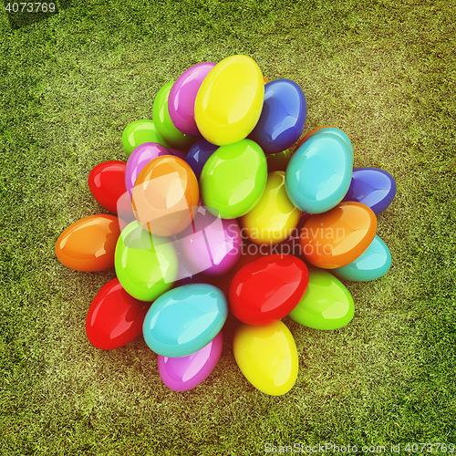 Image of Colored Easter eggs on a green grass. 3D illustration. Vintage s