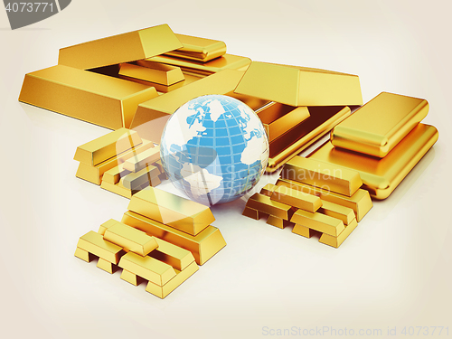 Image of Earth and gold bars. 3D illustration. Vintage style.