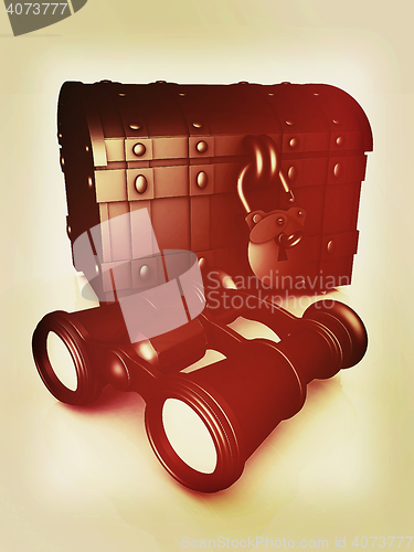 Image of binoculars and chest. 3D illustration. Vintage style.