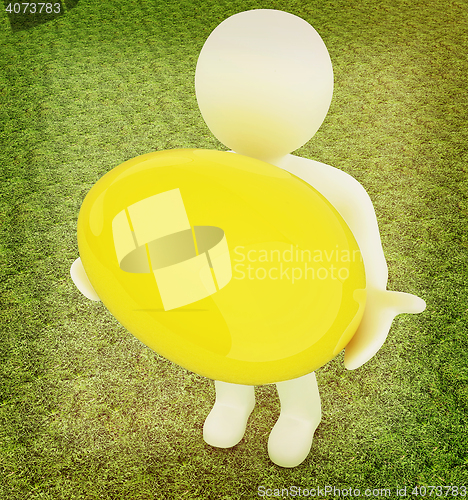 Image of 3d small person holds the big Easter egg in a hand. 3d image. On