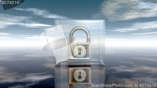 Image of padlock in glass cube under cloudy sky - 3d illustration