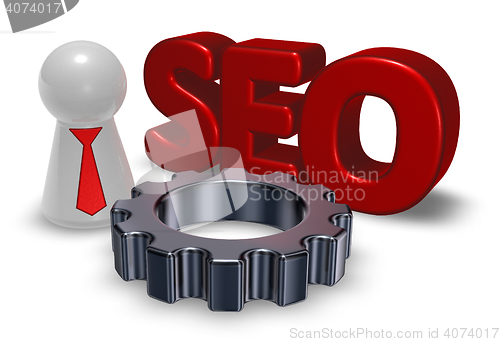 Image of seo tag, gear wheel and pawn with tie - 3d illustration