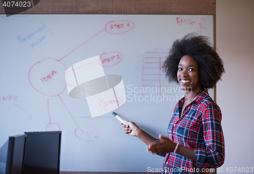 Image of African American woman writing on a chalkboard in a modern offic