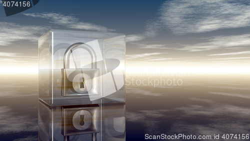Image of padlock in glass cube under cloudy sky - 3d illustration