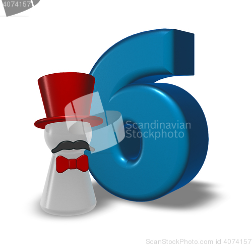 Image of number six and pawn with hat and beard - 3d rendering