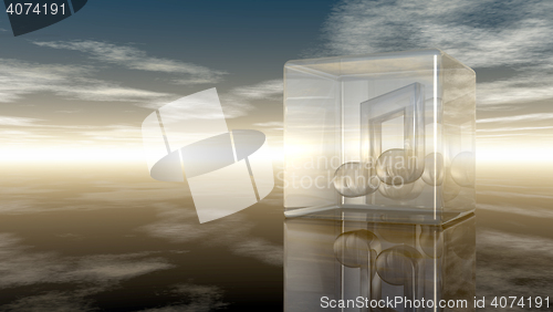 Image of music note in glass cube under cloudy sky - 3d rendering