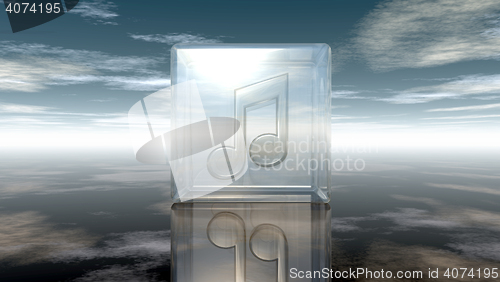 Image of music note in glass cube under cloudy sky - 3d rendering