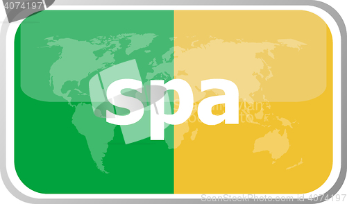 Image of spa. Flat web button icon. World map earth icon. Vector illustration