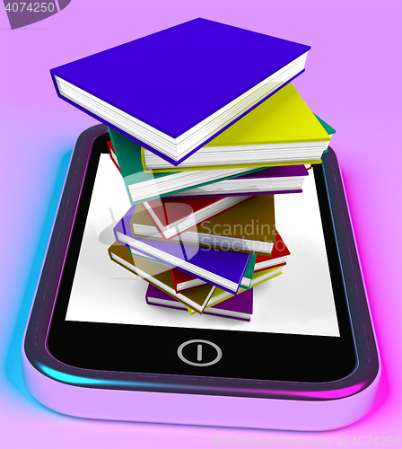 Image of Mobile Phone With Books Stack Shows Online Knowledge