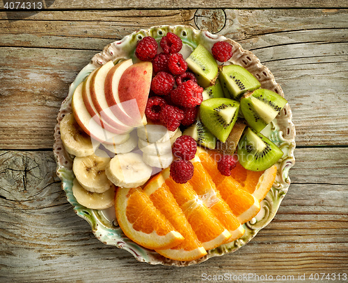 Image of plate of fruit pieces and raspberries