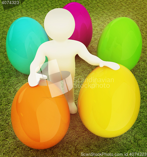 Image of 3d small person holds the big Easter egg in a hand. 3d image. On