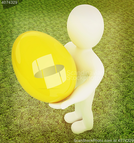 Image of 3d small person holds the big Easter egg in a hand. 3d image. On